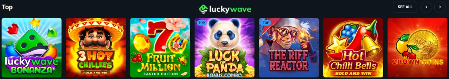 Selection of online slots and games available at LuckyWave