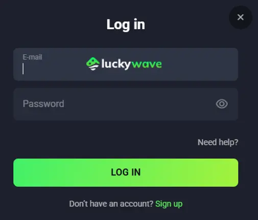 Login screen for accessing your LuckyWave
